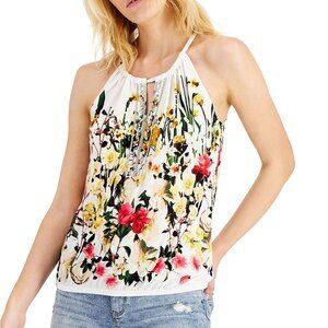 White & Yellow Floral Rhinestone Keyhole Halter Top  by INC - Size M